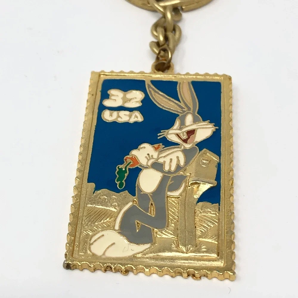 Vintage Bugs Bunny 32 Cent USA Postage Stamp Enamel Keychain Gold Tone 1997